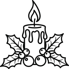 Simple Line Art Black and White Christmas Candle Icon, Surrounded by Festive Holly Leaves and Berries, Ideal for Holiday Coloring Pages, Retro Vintage Designs, Seasonal Decorations, and Xmas Outlines.