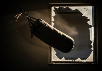 Punching bag hangs in front of broken window | boxing, boxer, fighting, punch, athlete, gloves, training, action, combat sport, strength