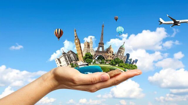 Hand Holding World Landmarks with Airplane and Balloons