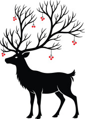 Majestic Black Silhouette of a Stag or Reindeer, Whose Antlers Resemble a Bare Winter Tree, Decorated with Hanging Red Berries, Capturing the Essence of Christmas, Nature, and Mystical Holiday Spirit.