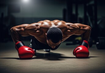 Male boxer doing pushups exercise in gym studio | boxing, boxer, fighting, punch, athlete, gloves, training, action, combat sport, strength