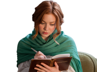 Young redhead woman focused on writing in her journal, reflecting