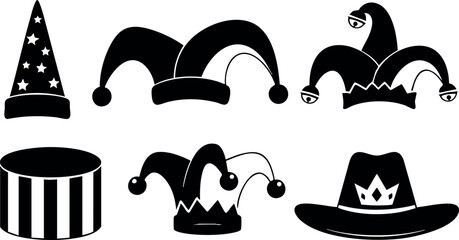 Collection of black and white jester hats and carnival headwear vector illustration