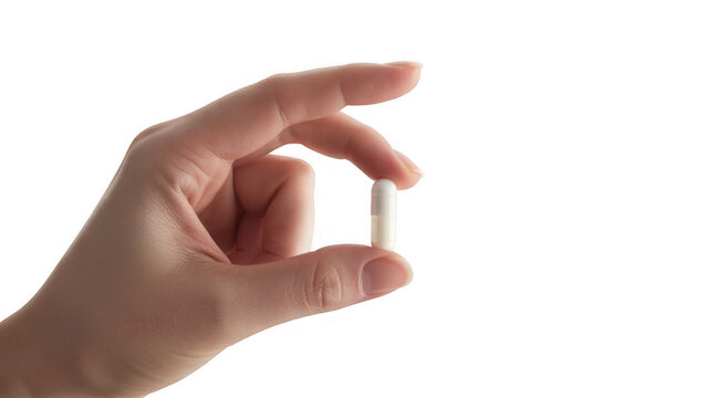 Hand holding white capsule isolated on a transparent background