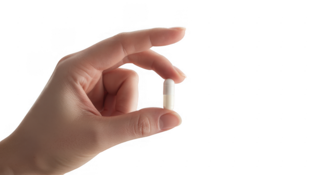 Hand holding white capsule isolated on a transparent background