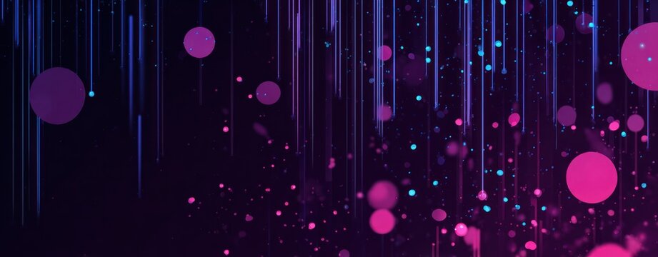 Abstract dark background with falling glowing pink and blue particles.
