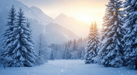 Winter mountain forest with snow, glowing light, dawn