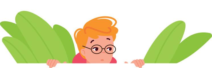 Child spying from bush. Boy character looking suspicious