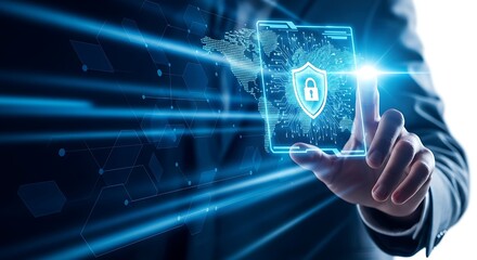 Businessman touching a digital shield icon representing cybersecurity