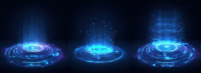 Three glowing blue digital energy vortexes against a dark background.