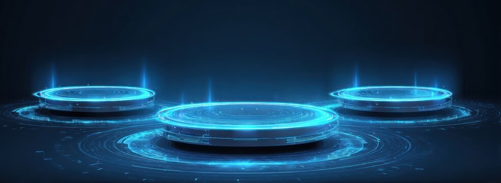 Three glowing blue futuristic platforms on dark background