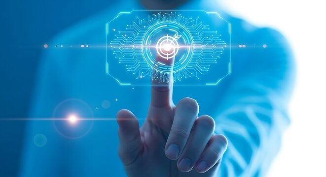 Person touching a futuristic digital interface with glowing blue light