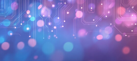 Abstract digital circuit lines over a blue and purple bokeh background.