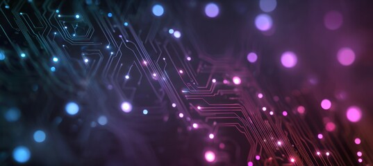 Glowing circuit board traces with blue and pink bokeh lights background