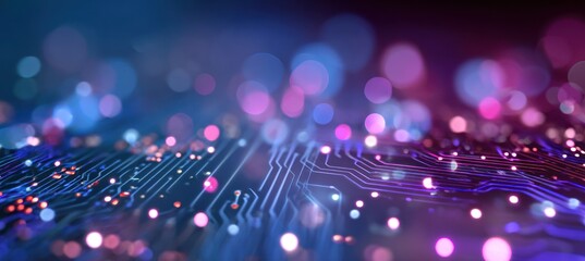 Glowing abstract circuit board with pink and blue bokeh lights.