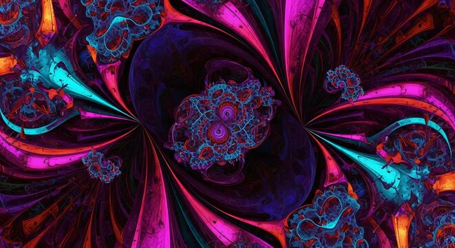 An abstract fractal art piece with swirling shapes in shades of purple pink and turquoise colors ai generated