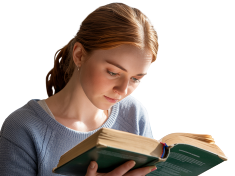 Young woman intently reading a book, focused on learning and study