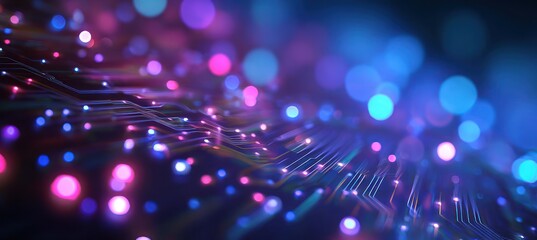 Abstract glowing circuit board with pink and blue bokeh lights