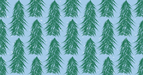 Fototapeta premium Repeating winter pattern featuring textured evergreen trees with scattered snowflakes on a soft blue background, creating a calm seasonal design.