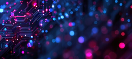Abstract glowing circuit board with blue and pink bokeh lights background.