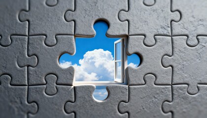 open window through puzzle piece revealing blue sky and cloud concept of freedom and solution