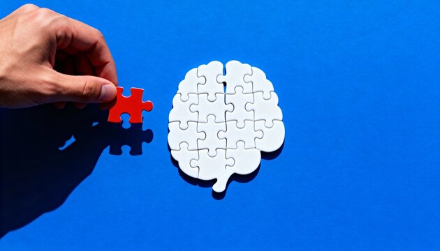 hand holding red jigsaw piece completing brain puzzle on blue background, symbolizing problem solving