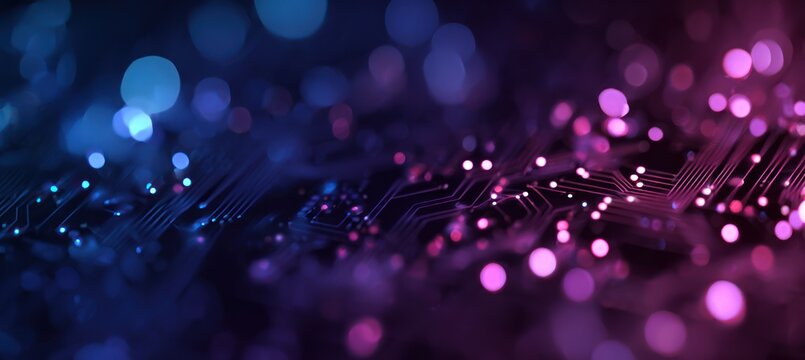 Abstract circuit board with glowing blue and pink bokeh lights. - Powered by Adobe