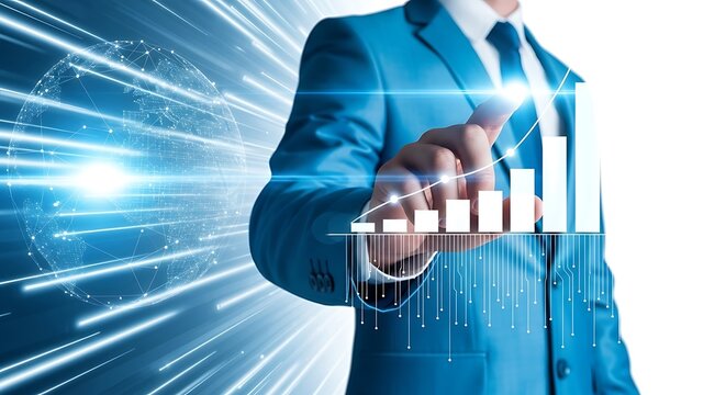 Businessman touching a glowing bar chart representing data growth and technology