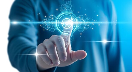 Human hand interacting with a futuristic digital interface and glowing light