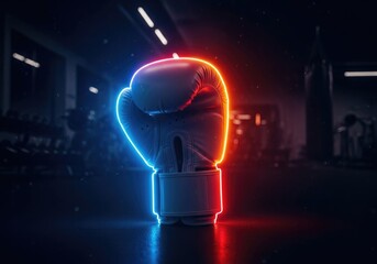 Modern neon boxing glove on gym background | boxing, boxer, fighting, punch, athlete, gloves, training, action, combat sport, strength