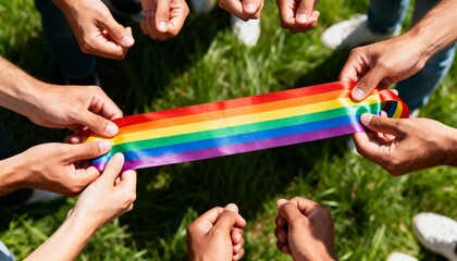 diverse group holding pride rainbow flag together in the park on a sunny day