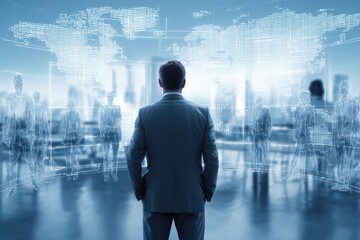 A businessman in a sleek office, illuminated by soft blue light, interacts with holographic silhouettes of diverse candidates on a world map, conveying focus and determination