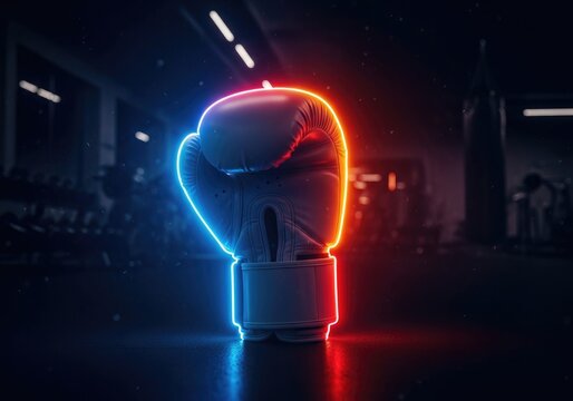 Modern neon boxing glove on gym background | boxing, boxer, fighting, punch, athlete, gloves, training, action, combat sport, strength