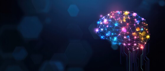 Abstract glowing network structure resembling a human brain on dark background.