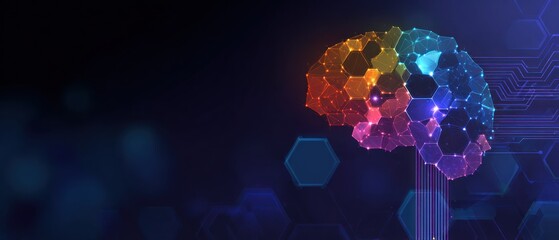 Abstract glowing brain structure with digital connections on dark background.