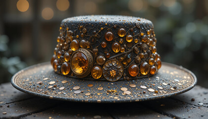 Decorative amber hat adorned with jewels on a rustic wooden surface