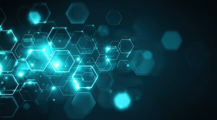 Abstract glowing cyan hexagons form a futuristic digital network background.