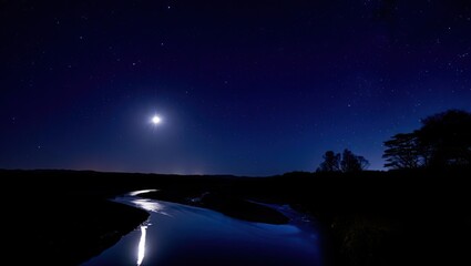 Bright moon reflecting on winding river at night with dark silhouetted landscape, trees, and deep blue starry sky creating tranquil scene