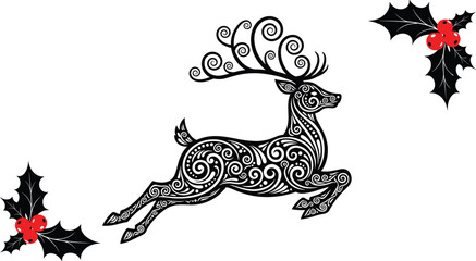 Mythological Swirling Reindeer and Holly Berries Vector Illustration; Intricate Black and White Stag Silhouette for Christmas Cards, Festive Invitations, and Winter Nature Decoration Projects.