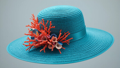 Vibrant turquoise summer hat embellished with coral details and colorful floral accents on soft background
