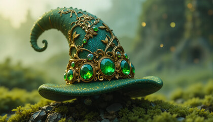 Enchanting green witch hat adorned with sparkling gems and intricate designs in a magical forest setting
