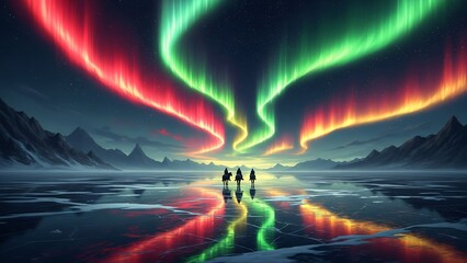 A vast, frozen lake stretching to the horizon, surrounded by looming, jagged mountains in the distance. The sky is an explosion of "Christmas colors" auroras