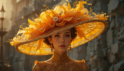 Elegant woman wearing a luxurious golden amber hat against a stunning sunset backdrop in vintage setting