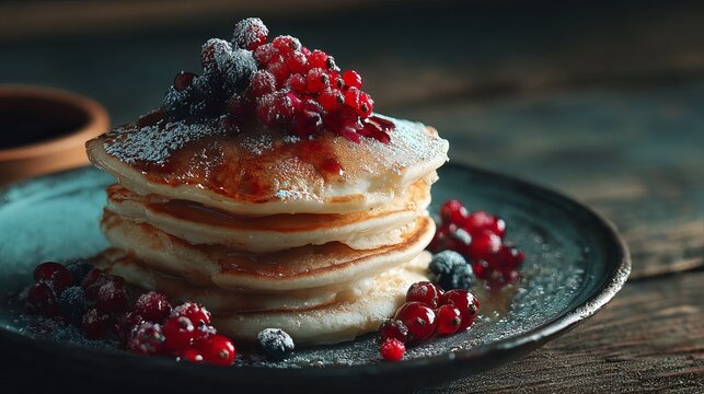 Indulge in a stack of fluffy pancakes with fresh berries and powdered sugar, a delectable breakfast or brunch to start your day sweetly