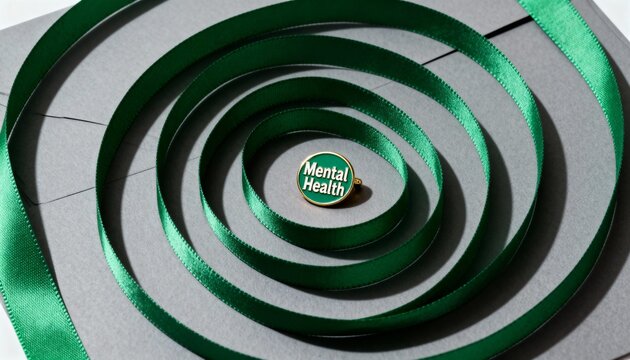green mental health awareness ribbon spirals on grey background for health support campaign