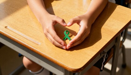 child at school desk holding a green awareness ribbon symbolizing mental health