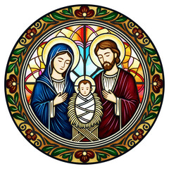 Holy Family Round Stained Glass Nativity – Sacred Catholic Artwork with Mary, Joseph and Baby Jesus
