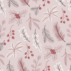 Christmas botanical pattern with berries and pine needles