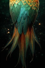 Colorful Tropical Bird Tail Feathers with Golden Accents