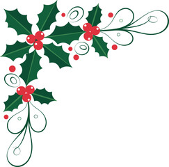 Green holly leaves and red berries corner flourish